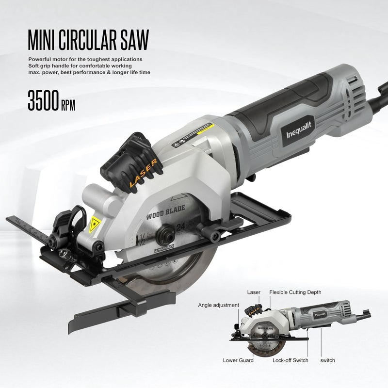 Inequalit Mini Circular Saw, 4Amp 3500RPM Corded Compact Saw with 4-1/2" 24T TCT Blades, Laser Guide, Rip Guide, Vacuum Adapter and Blade Wrench, Max Cutting Depth 1-11/16"(90°), 1-1/8"(45°） - Image 3